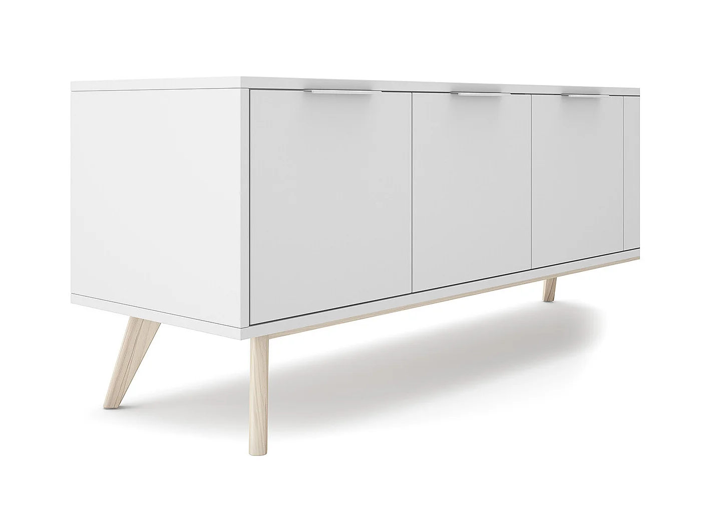 Meuble TV, meuble de salon avec 4 portes en pin coloris blanc/naturel - Longueur 140 x Profondeur 40 x Hauteur 53 cm