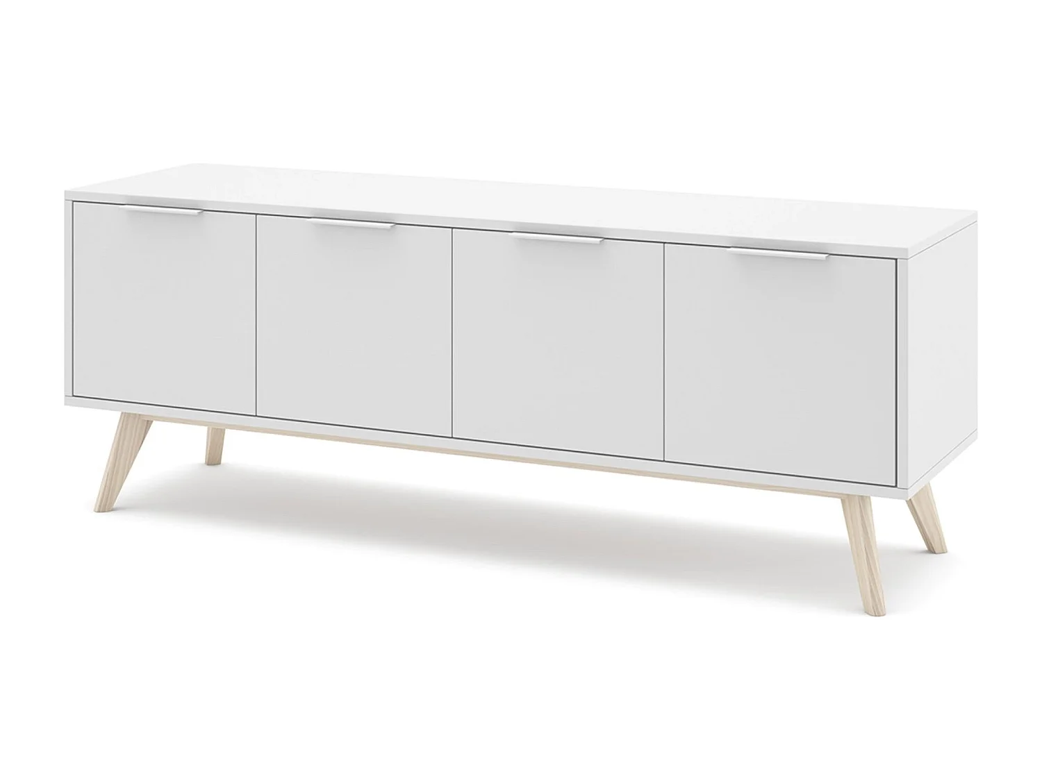 Meuble TV, meuble de salon avec 4 portes en pin coloris blanc/naturel - Longueur 140 x Profondeur 40 x Hauteur 53 cm