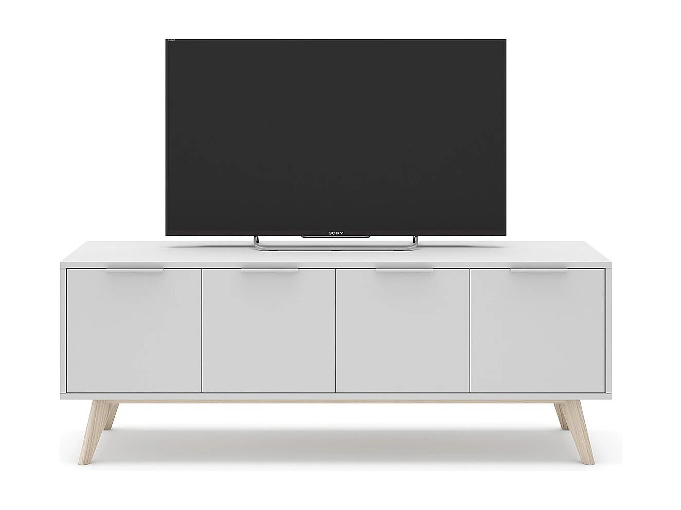 Meuble TV, meuble de salon avec 4 portes en pin coloris blanc/naturel - Longueur 140 x Profondeur 40 x Hauteur 53 cm