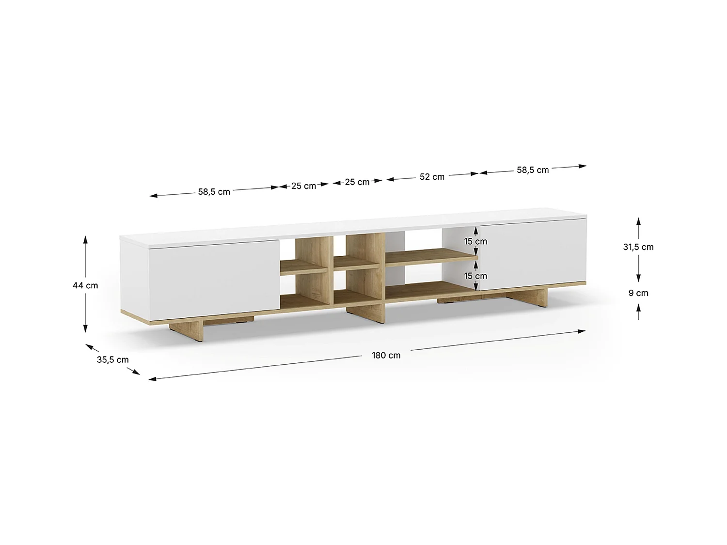 Meuble TV, meuble de salon avec 2 portes aspect bois coloris blanc, chêne - Longueur 230 x Profondeur 35,60 x Hauteur 44 cm