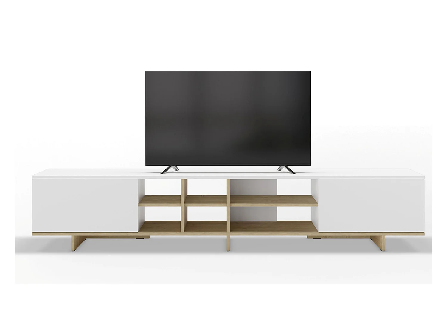 Meuble TV, meuble de salon avec 2 portes aspect bois coloris blanc, chêne - Longueur 230 x Profondeur 35,60 x Hauteur 44 cm