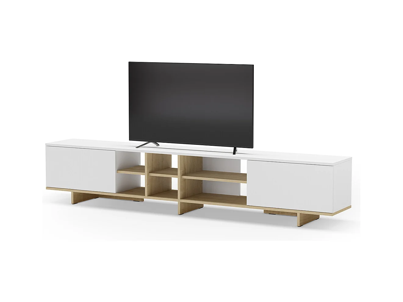 Meuble TV, meuble de salon avec 2 portes aspect bois coloris blanc, chêne - Longueur 230 x Profondeur 35,60 x Hauteur 44 cm