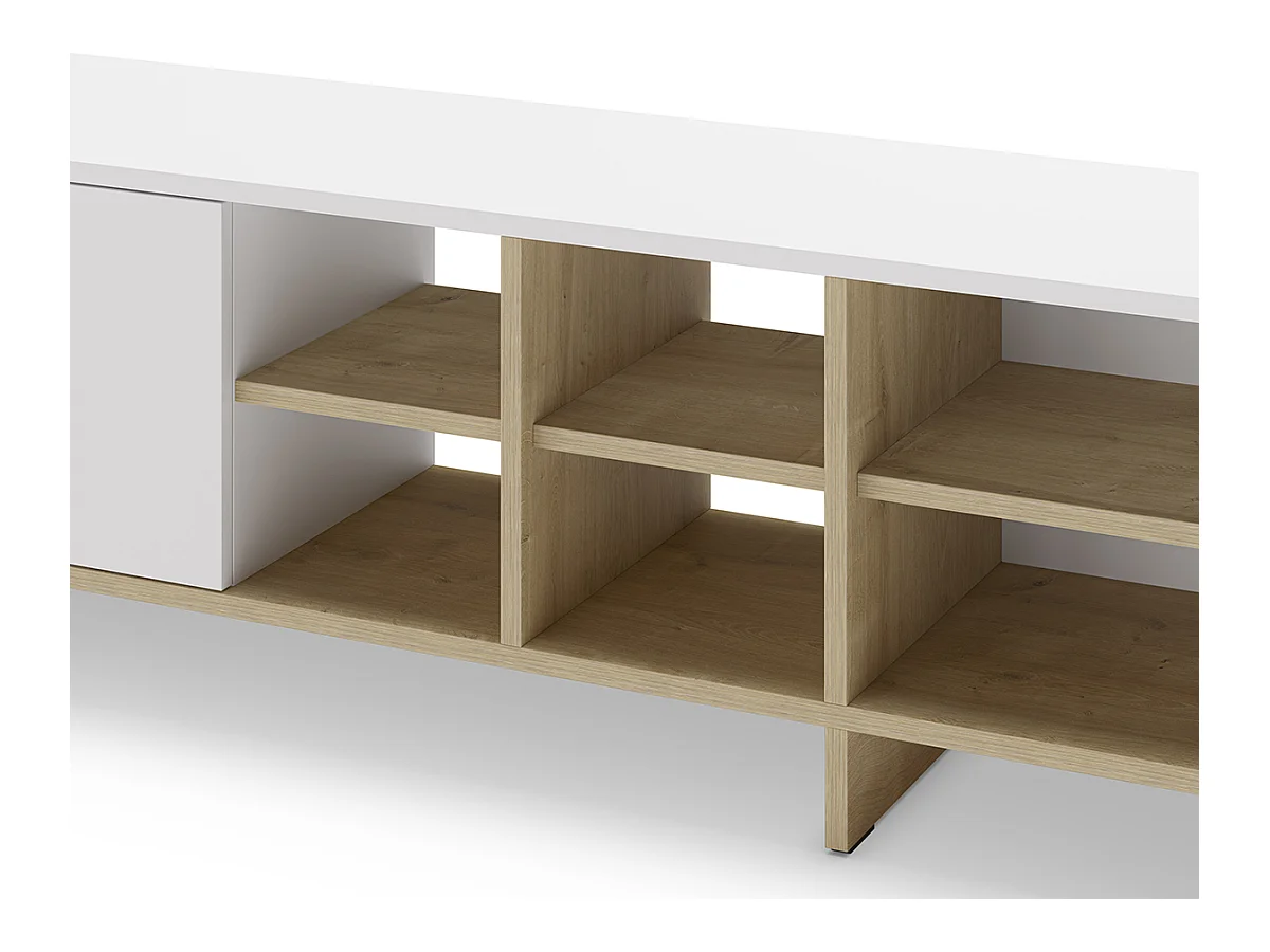 Meuble TV, meuble de salon avec 2 portes aspect bois coloris blanc, chêne - Longueur 230 x Profondeur 35,60 x Hauteur 44 cm