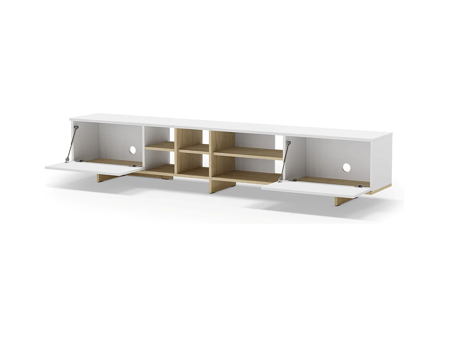 Meuble TV, meuble de salon avec 2 portes aspect bois coloris blanc, chêne - Longueur 230 x Profondeur 35,60 x Hauteur 44 cm