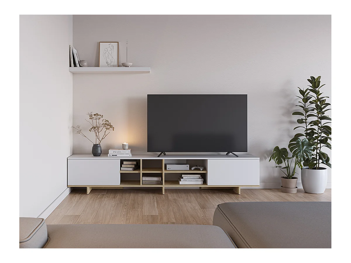 Meuble TV, meuble de salon avec 2 portes aspect bois coloris blanc, chêne - Longueur 230 x Profondeur 35,60 x Hauteur 44 cm