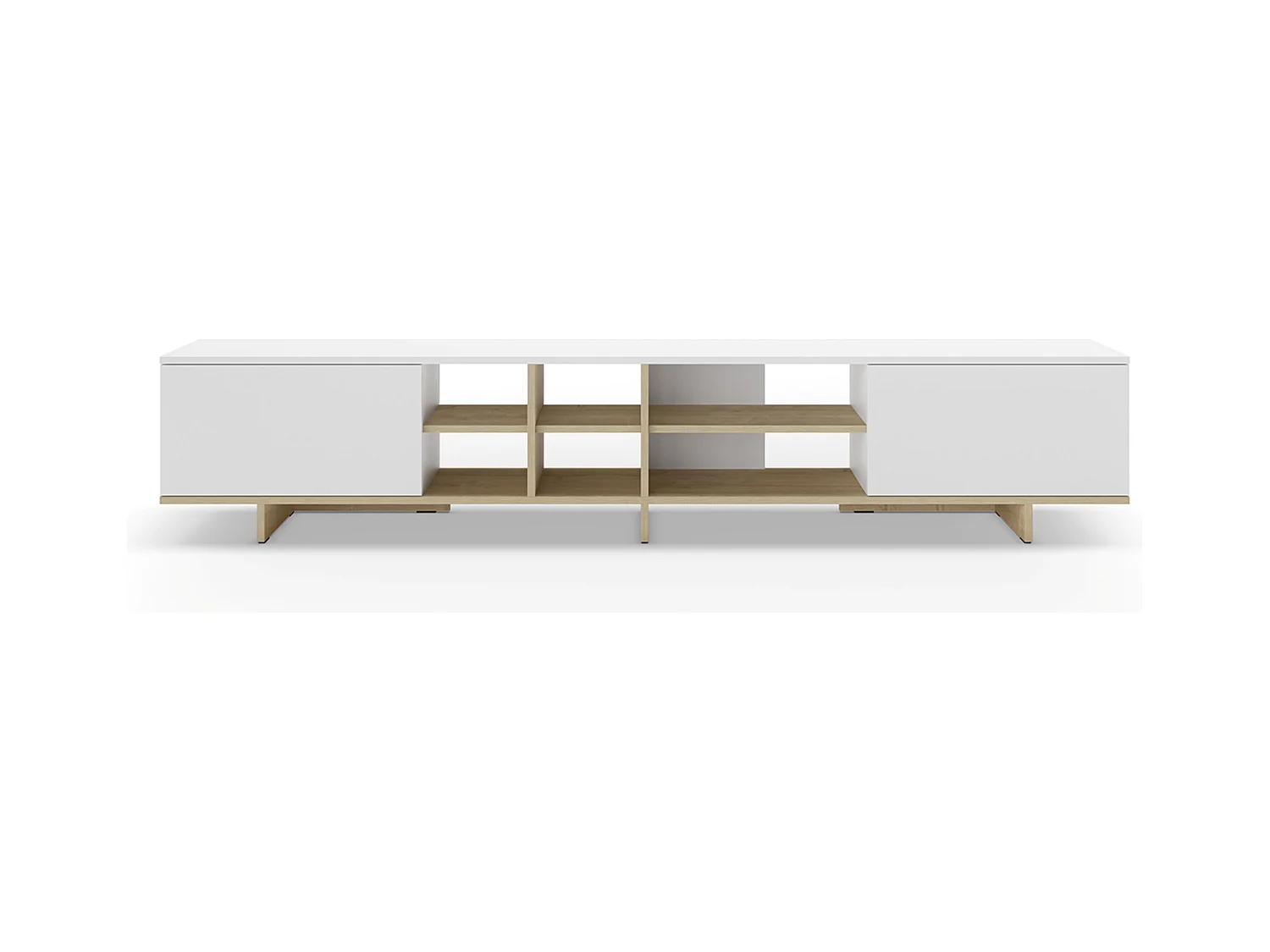 Meuble TV, meuble de salon avec 2 portes aspect bois coloris blanc, chêne - Longueur 230 x Profondeur 35,60 x Hauteur 44 cm