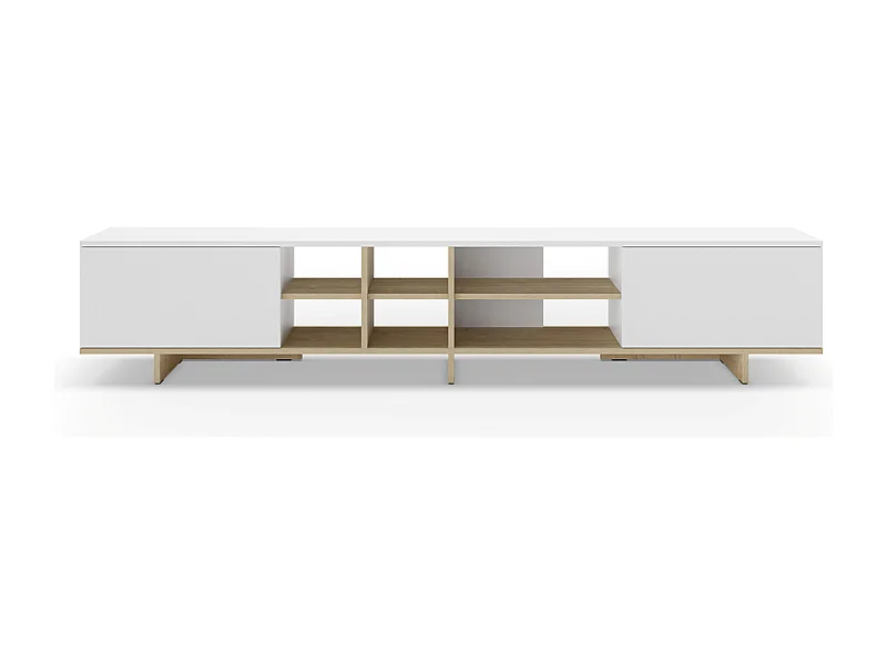 Meuble TV, meuble de salon avec 2 portes aspect bois coloris blanc, chêne - Longueur 230 x Profondeur 35,60 x Hauteur 44 cm