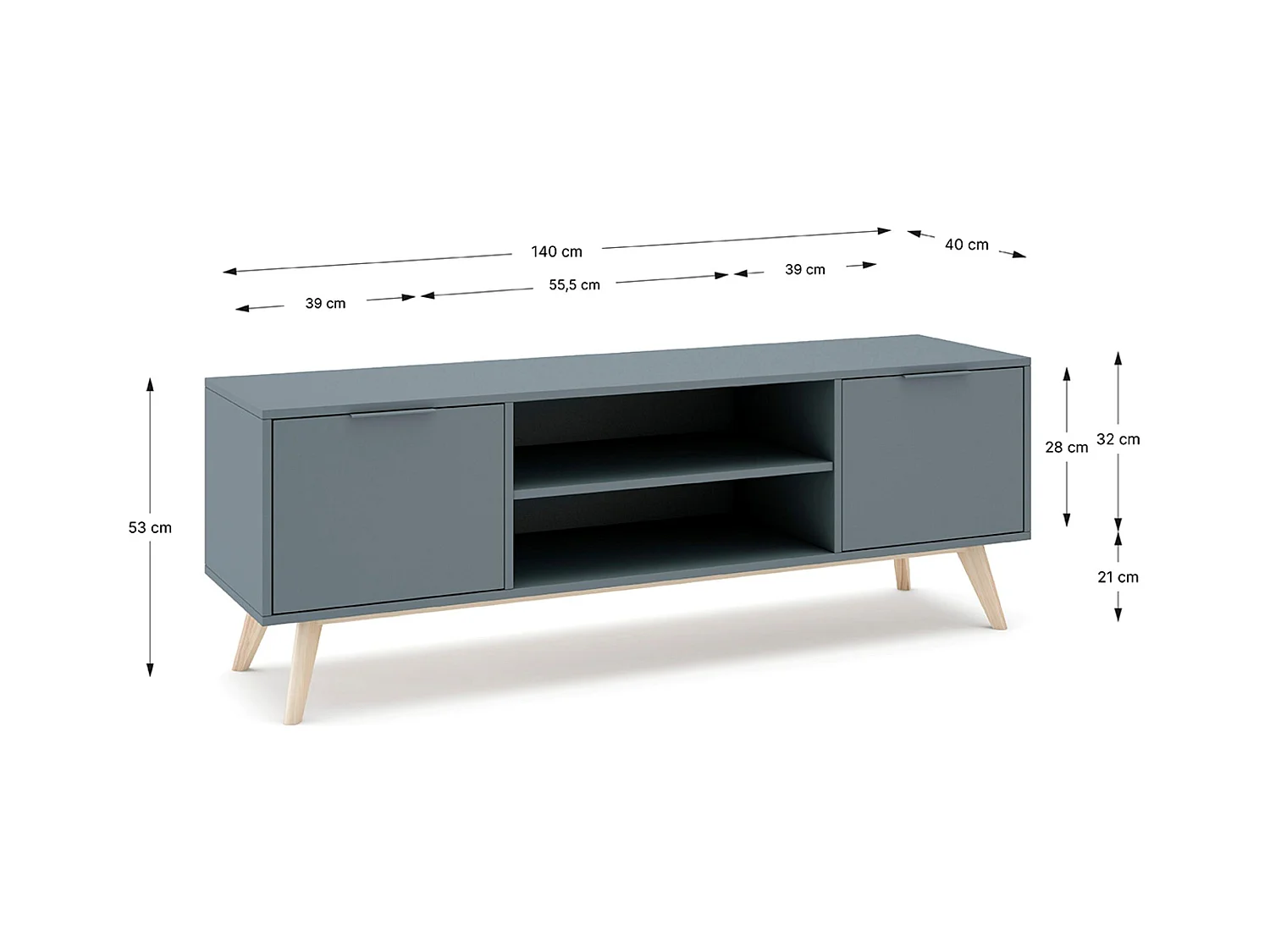 Meuble TV, Meuble de salon aspect bois avec 2 portes et 2 niches coloris Vert Kaki, pieds en pin coloris blanc ciré - Longueur 140 x Profondeur 40 x Hauteur 53 cm