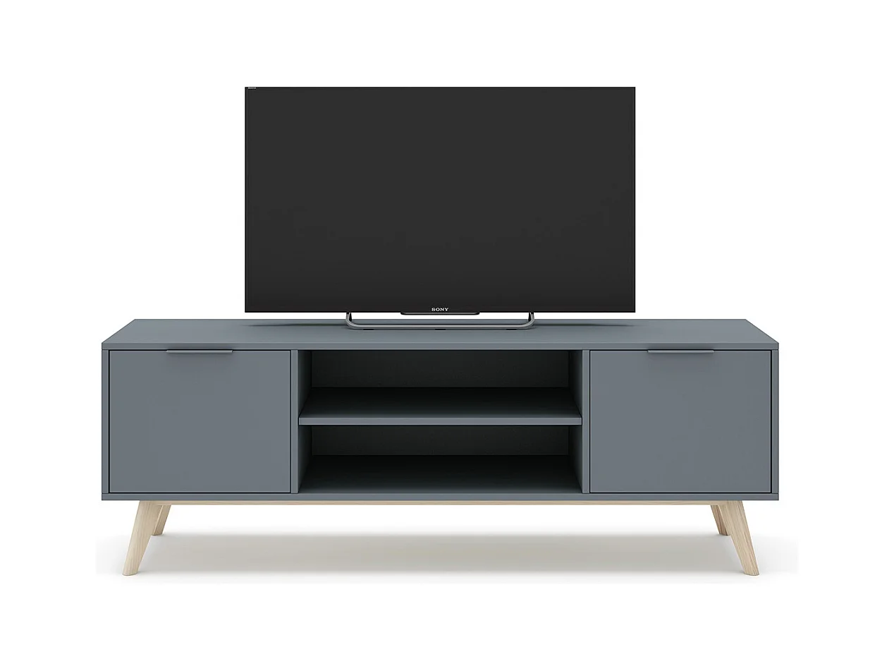 Meuble TV, Meuble de salon aspect bois avec 2 portes et 2 niches coloris Vert Kaki, pieds en pin coloris blanc ciré - Longueur 140 x Profondeur 40 x Hauteur 53 cm