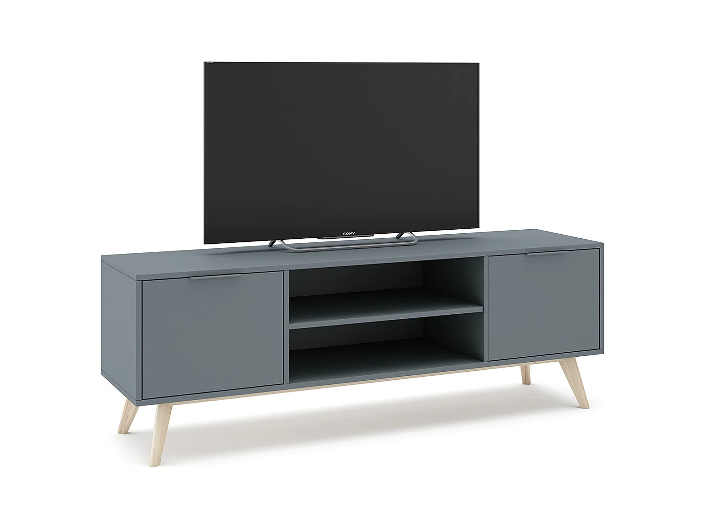Meuble TV, Meuble de salon aspect bois avec 2 portes et 2 niches coloris Vert Kaki, pieds en pin coloris blanc ciré - Longueur 140 x Profondeur 40 x Hauteur 53 cm