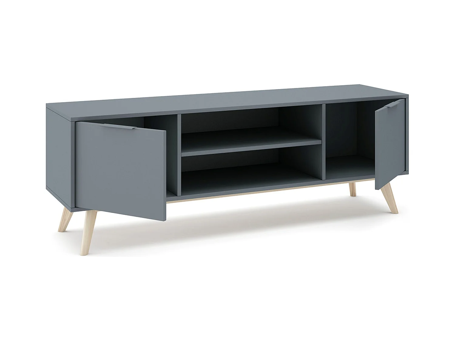 Meuble TV, Meuble de salon aspect bois avec 2 portes et 2 niches coloris Vert Kaki, pieds en pin coloris blanc ciré - Longueur 140 x Profondeur 40 x Hauteur 53 cm