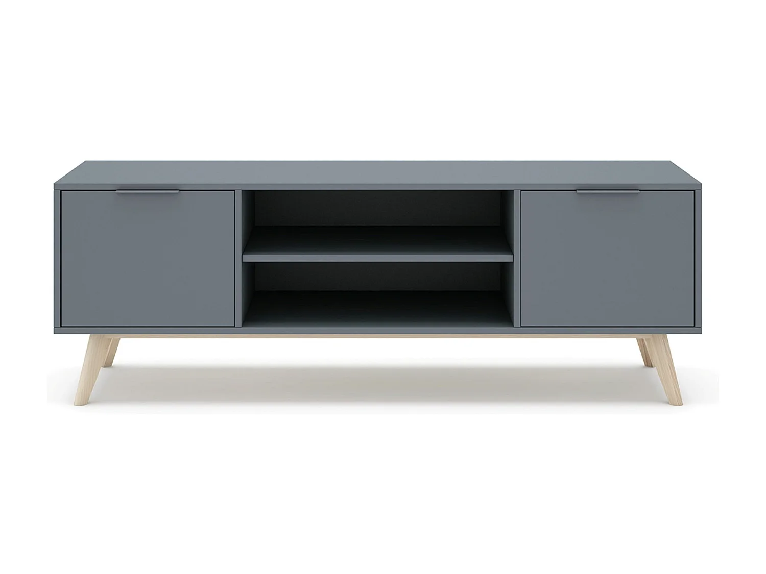 Meuble TV, Meuble de salon aspect bois avec 2 portes et 2 niches coloris Vert Kaki, pieds en pin coloris blanc ciré - Longueur 140 x Profondeur 40 x Hauteur 53 cm