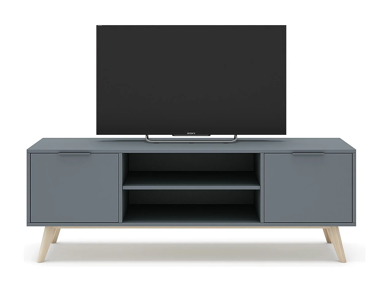 Meuble TV, Meuble de salon aspect bois avec 2 portes et 2 niches coloris Vert Kaki, pieds en pin coloris blanc ciré - Longueur 140 x Profondeur 40 x Hauteur 53 cm