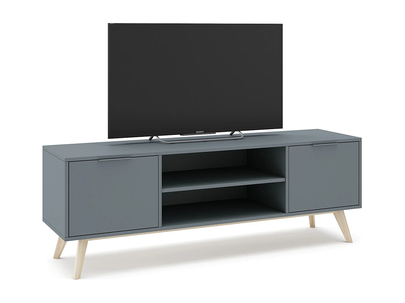 Meuble TV, Meuble de salon aspect bois avec 2 portes et 2 niches coloris Vert Kaki, pieds en pin coloris blanc ciré - Longueur 140 x Profondeur 40 x Hauteur 53 cm