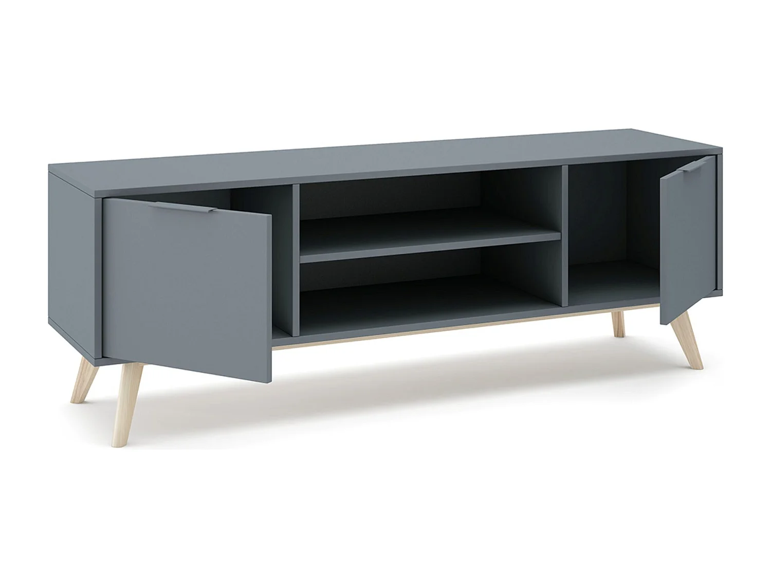 Meuble TV, Meuble de salon aspect bois avec 2 portes et 2 niches coloris Vert Kaki, pieds en pin coloris blanc ciré - Longueur 140 x Profondeur 40 x Hauteur 53 cm