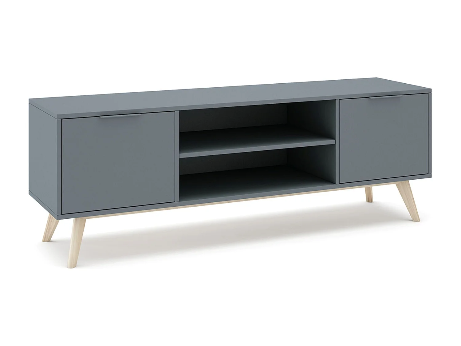 Meuble TV, Meuble de salon aspect bois avec 2 portes et 2 niches coloris Vert Kaki, pieds en pin coloris blanc ciré - Longueur 140 x Profondeur 40 x Hauteur 53 cm