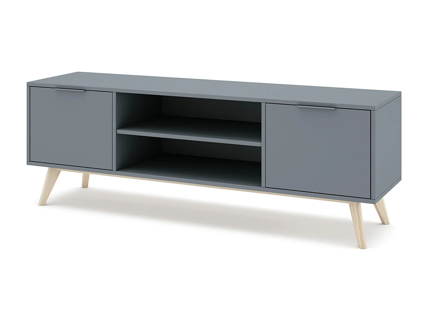 Meuble TV, Meuble de salon aspect bois avec 2 portes et 2 niches coloris Vert Kaki, pieds en pin coloris blanc ciré - Longueur 140 x Profondeur 40 x Hauteur 53 cm