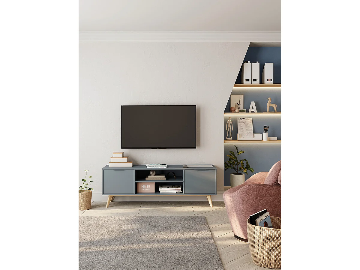 Meuble TV, Meuble de salon aspect bois avec 2 portes et 2 niches coloris Vert Kaki, pieds en pin coloris blanc ciré - Longueur 140 x Profondeur 40 x Hauteur 53 cm