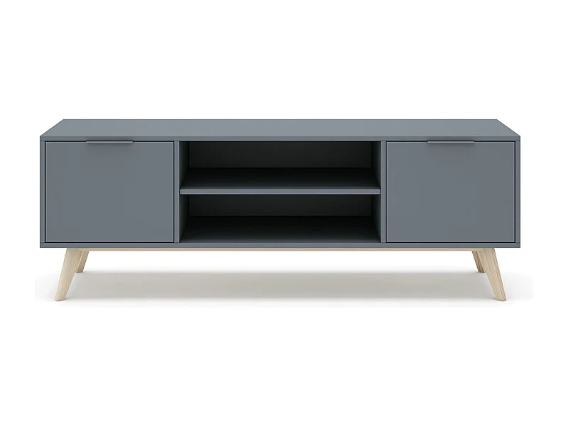 Meuble TV, Meuble de salon aspect bois avec 2 portes et 2 niches coloris Vert Kaki, pieds en pin coloris blanc ciré - Longueur 140 x Profondeur 40 x Hauteur 53 cm