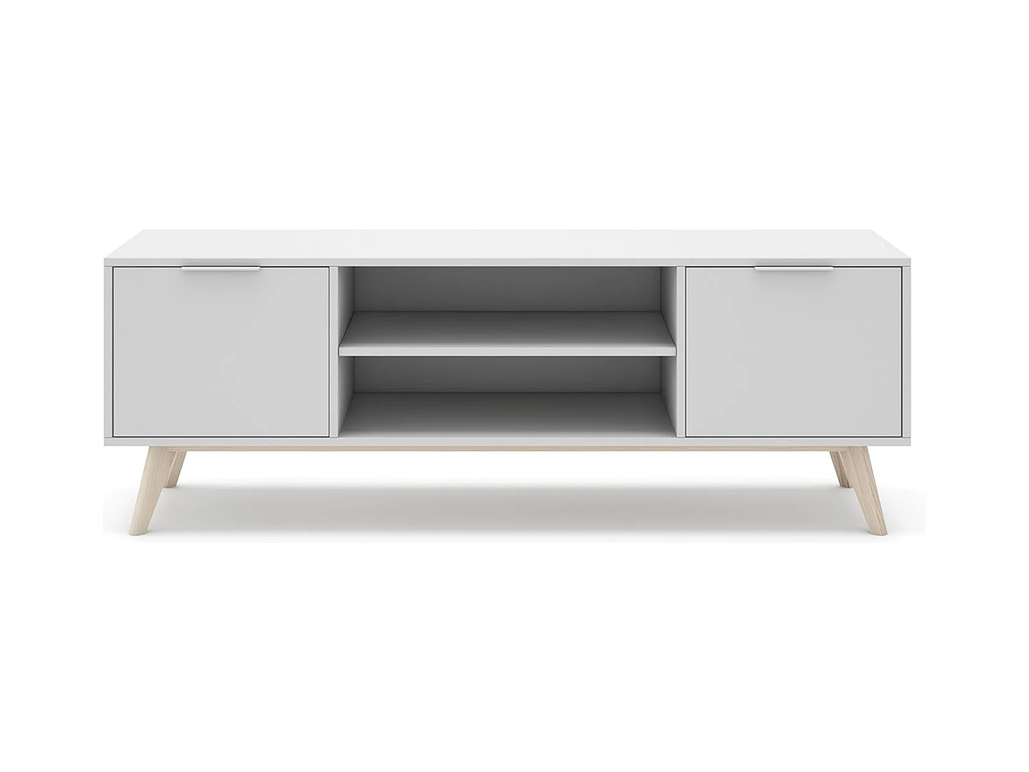 Meuble TV, meuble de salon avec 2 portes et 2 niches en pin colorisblanc/naturel - Longueur 140 x Profondeur 40 x Hauteur 53 cm