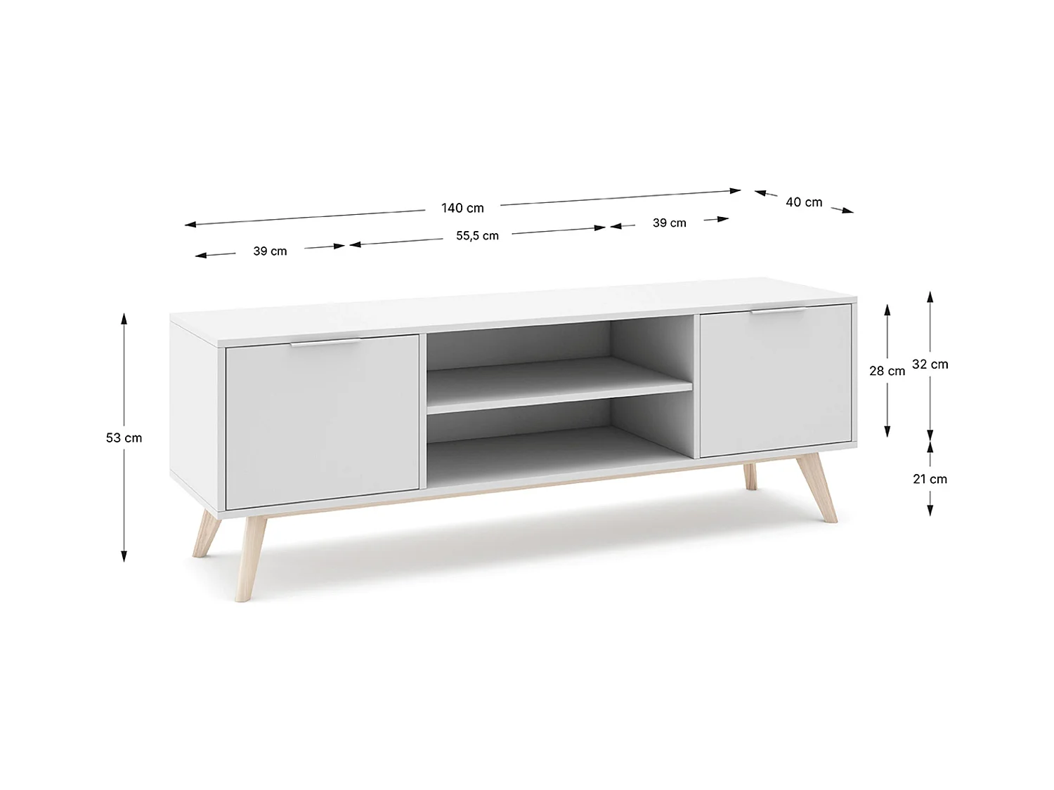 Meuble TV, meuble de salon avec 2 portes et 2 niches en pin colorisblanc/naturel - Longueur 140 x Profondeur 40 x Hauteur 53 cm