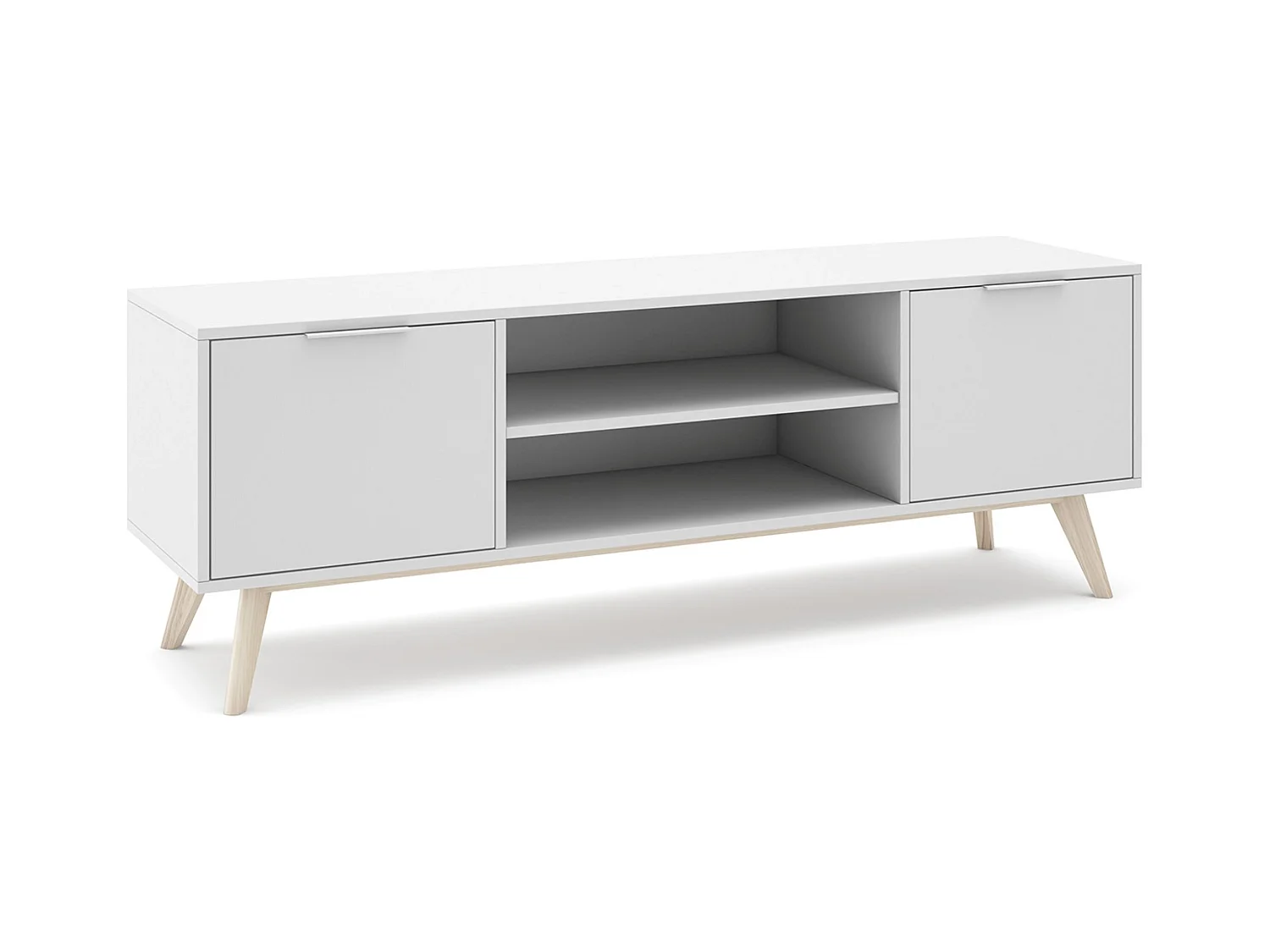 Meuble TV, meuble de salon avec 2 portes et 2 niches en pin colorisblanc/naturel - Longueur 140 x Profondeur 40 x Hauteur 53 cm
