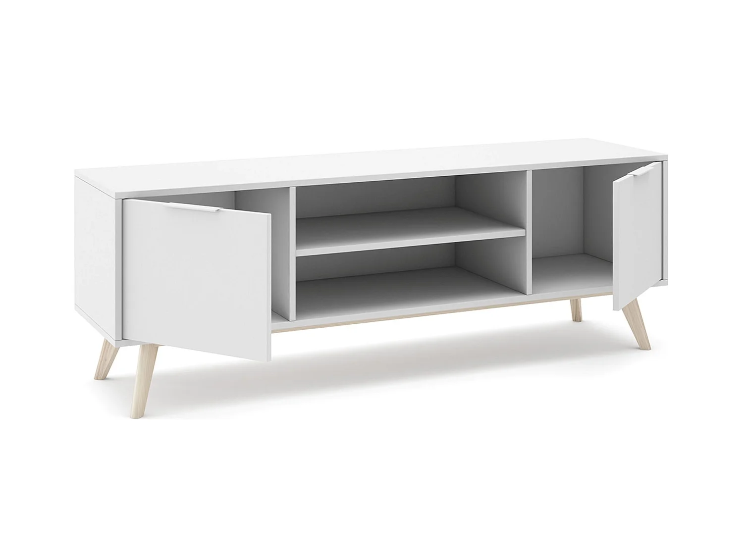 Meuble TV, meuble de salon avec 2 portes et 2 niches en pin colorisblanc/naturel - Longueur 140 x Profondeur 40 x Hauteur 53 cm