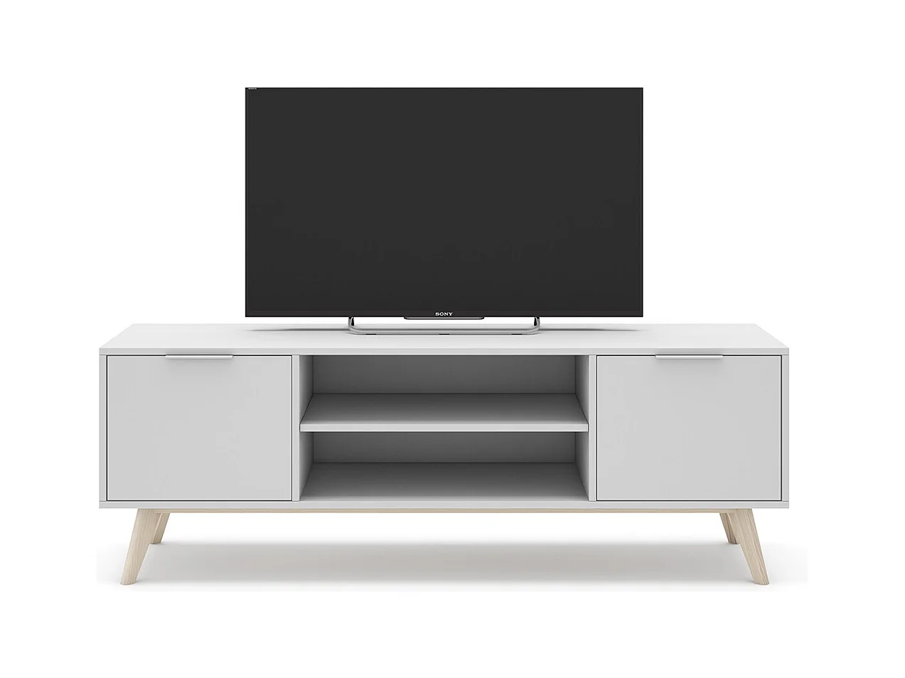 Meuble TV, meuble de salon avec 2 portes et 2 niches en pin colorisblanc/naturel - Longueur 140 x Profondeur 40 x Hauteur 53 cm
