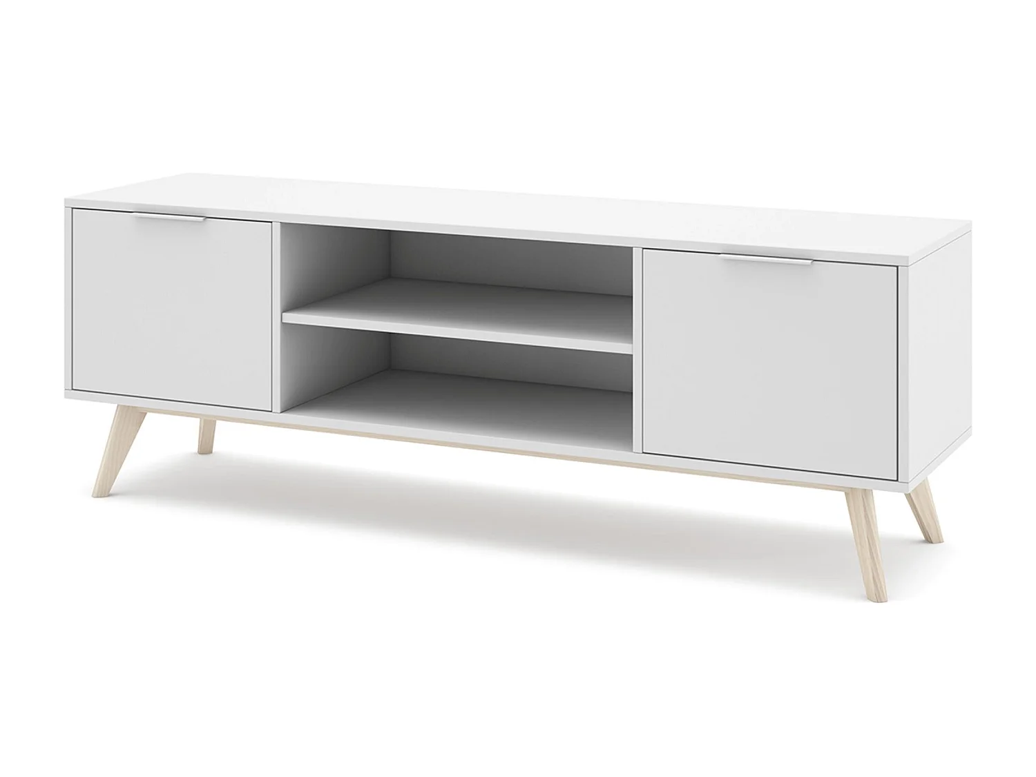 Meuble TV, meuble de salon avec 2 portes et 2 niches en pin colorisblanc/naturel - Longueur 140 x Profondeur 40 x Hauteur 53 cm