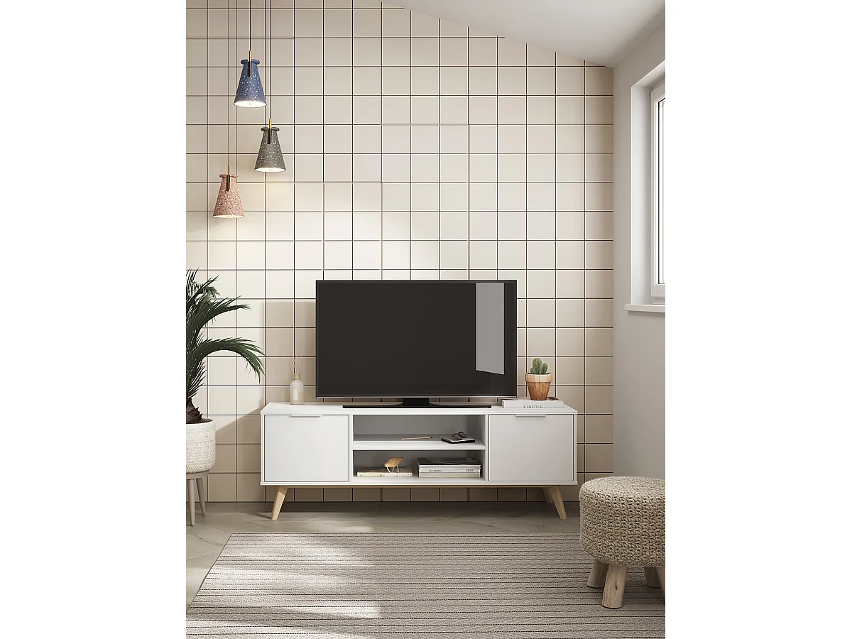 Meuble TV, meuble de salon avec 2 portes et 2 niches en pin colorisblanc/naturel - Longueur 140 x Profondeur 40 x Hauteur 53 cm
