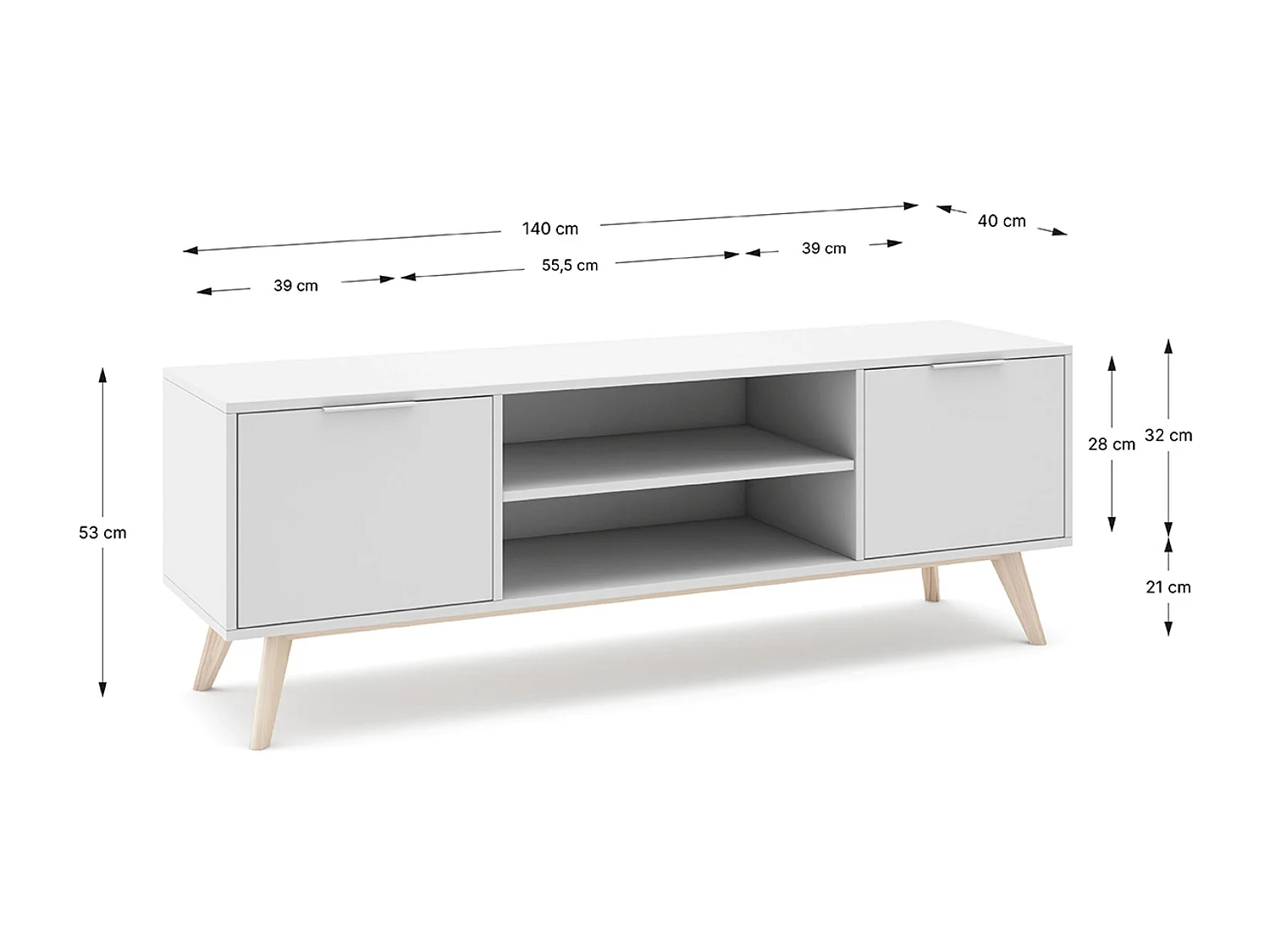 Meuble TV, meuble de salon avec 2 portes et 2 niches en pin colorisblanc/naturel - Longueur 140 x Profondeur 40 x Hauteur 53 cm
