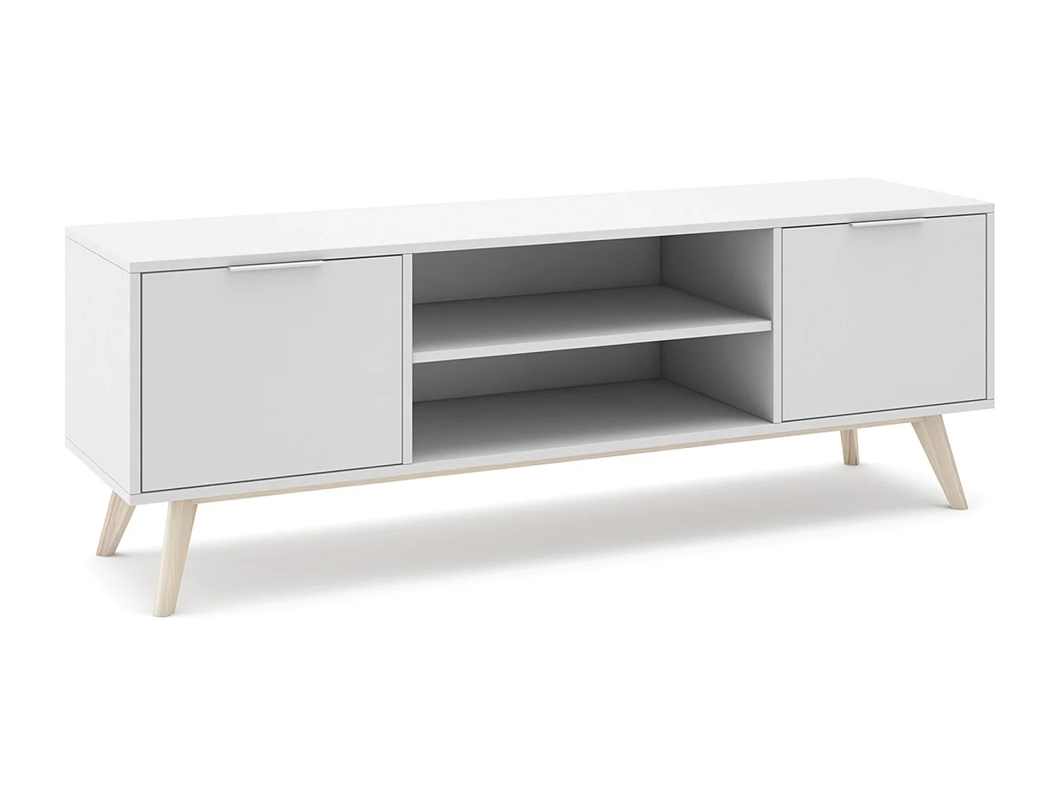 Meuble TV, meuble de salon avec 2 portes et 2 niches en pin colorisblanc/naturel - Longueur 140 x Profondeur 40 x Hauteur 53 cm