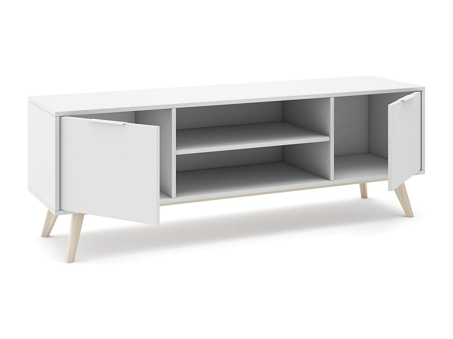 Meuble TV, meuble de salon avec 2 portes et 2 niches en pin colorisblanc/naturel - Longueur 140 x Profondeur 40 x Hauteur 53 cm