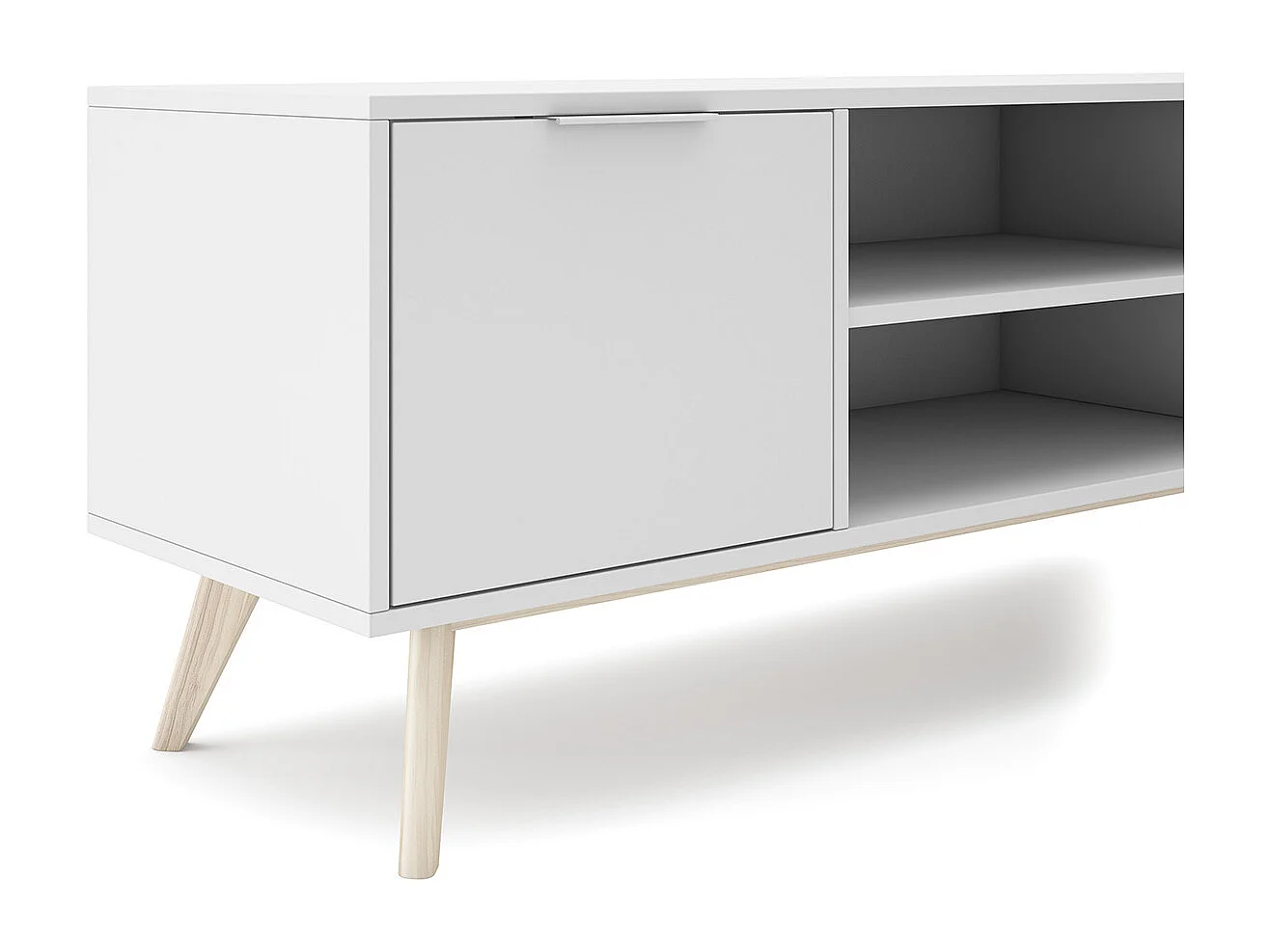 Meuble TV, meuble de salon avec 2 portes et 2 niches en pin colorisblanc/naturel - Longueur 140 x Profondeur 40 x Hauteur 53 cm