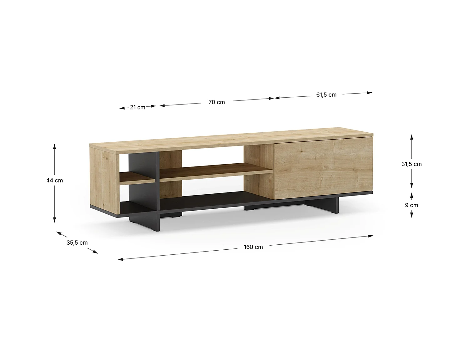 Meuble TV, meuble de salon avec 1 porte et 4 niches aspect bois coloris chêne, noir - Longueur 160 x Profondeur 35,60 x Hauteur 44 cm