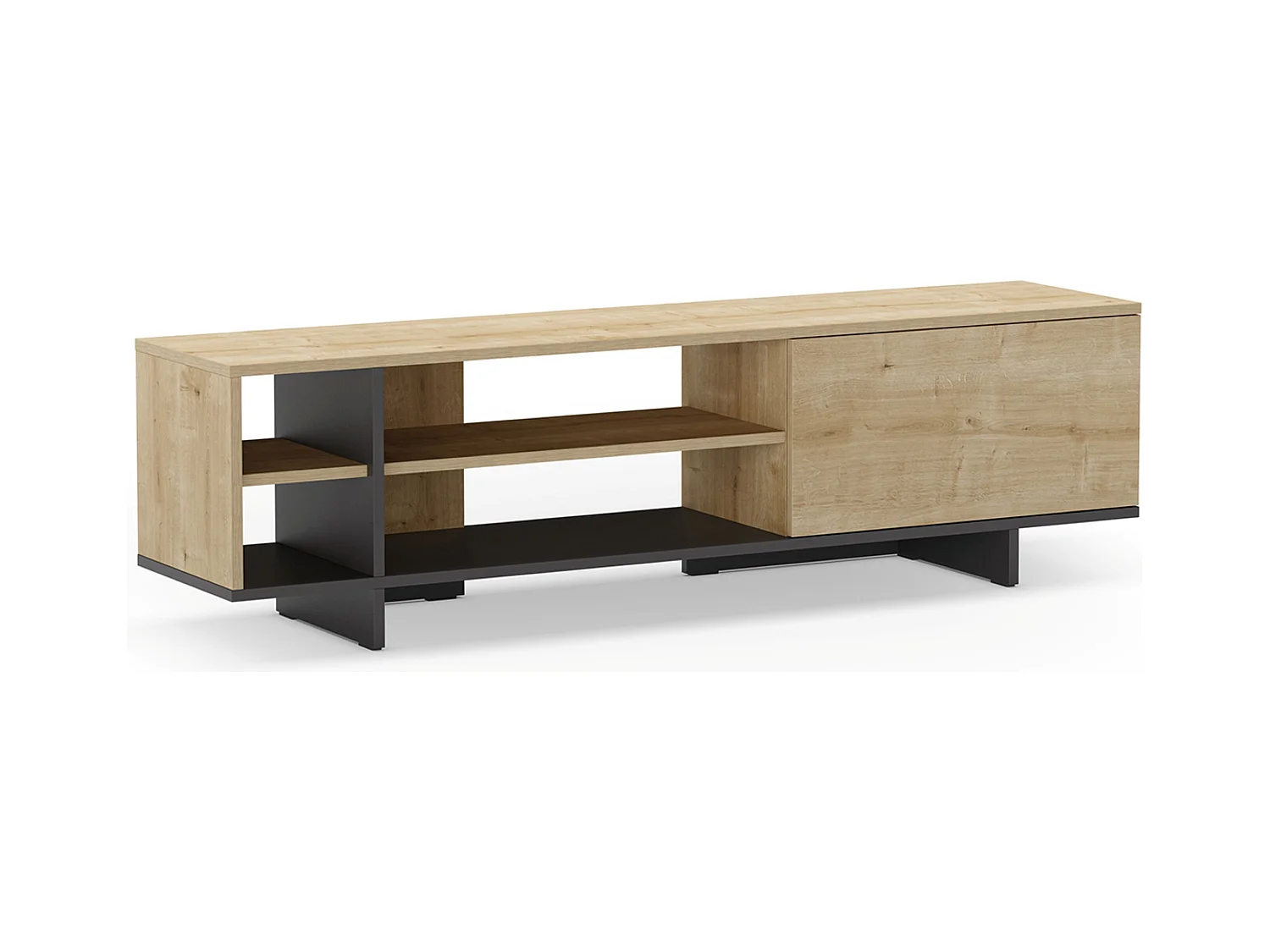 Meuble TV, meuble de salon avec 1 porte et 4 niches aspect bois coloris chêne, noir - Longueur 160 x Profondeur 35,60 x Hauteur 44 cm