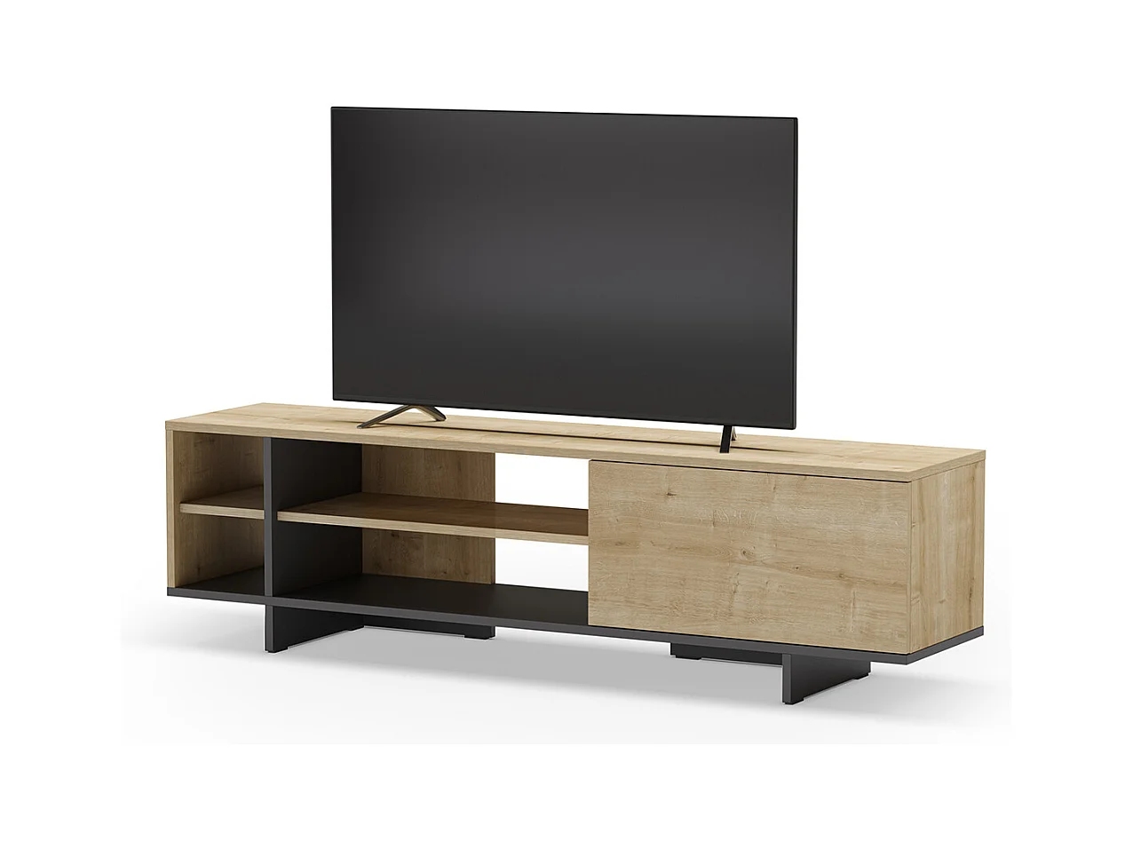 Meuble TV, meuble de salon avec 1 porte et 4 niches aspect bois coloris chêne, noir - Longueur 160 x Profondeur 35,60 x Hauteur 44 cm