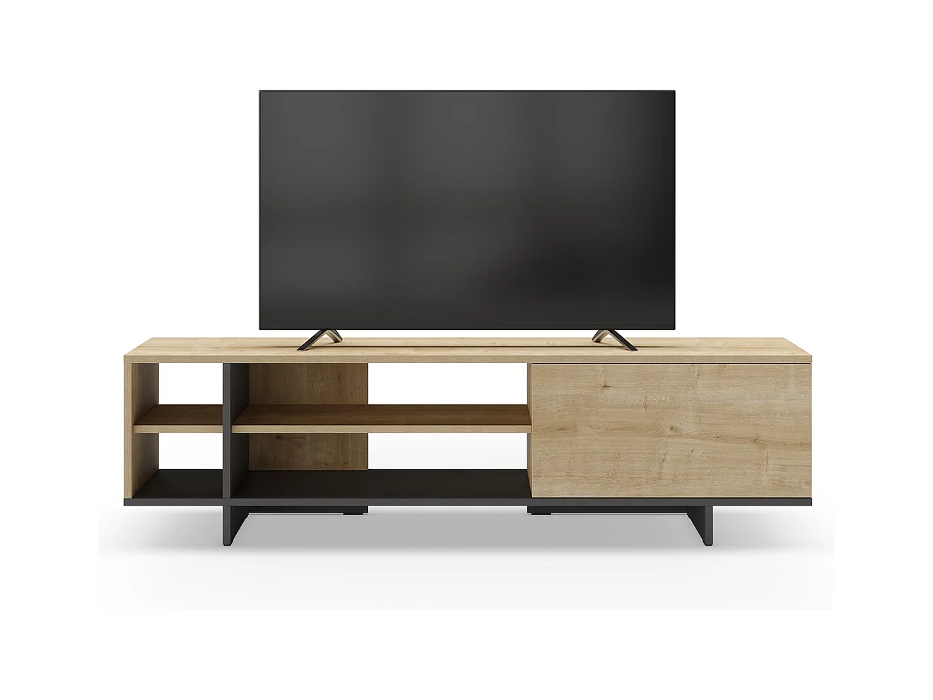 Meuble TV, meuble de salon avec 1 porte et 4 niches aspect bois coloris chêne, noir - Longueur 160 x Profondeur 35,60 x Hauteur 44 cm