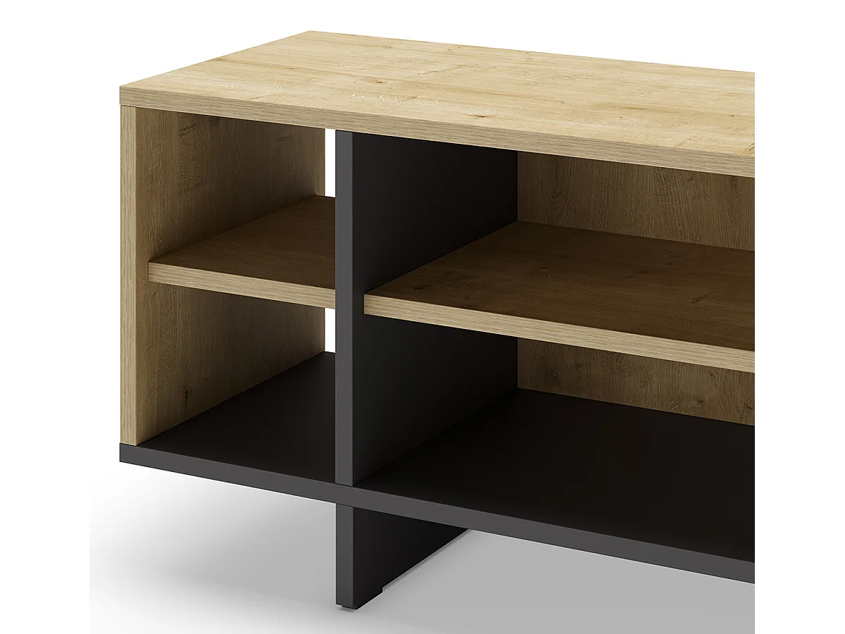 Meuble TV, meuble de salon avec 1 porte et 4 niches aspect bois coloris chêne, noir - Longueur 160 x Profondeur 35,60 x Hauteur 44 cm