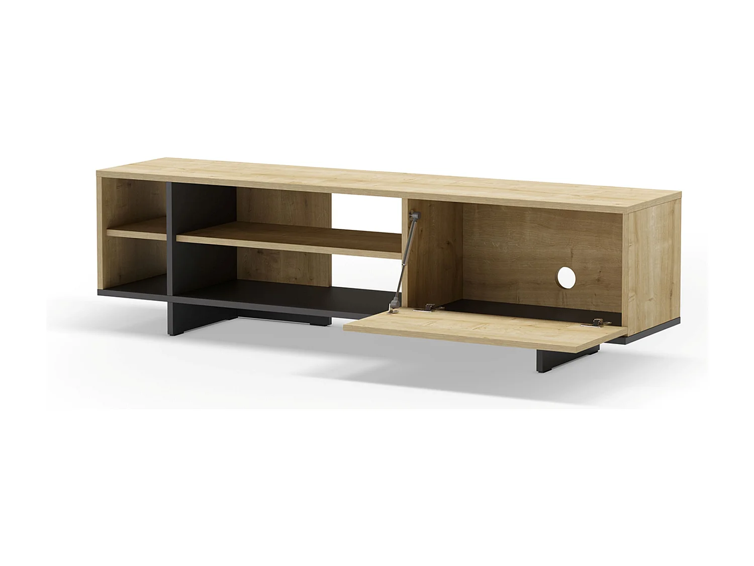 Meuble TV, meuble de salon avec 1 porte et 4 niches aspect bois coloris chêne, noir - Longueur 160 x Profondeur 35,60 x Hauteur 44 cm