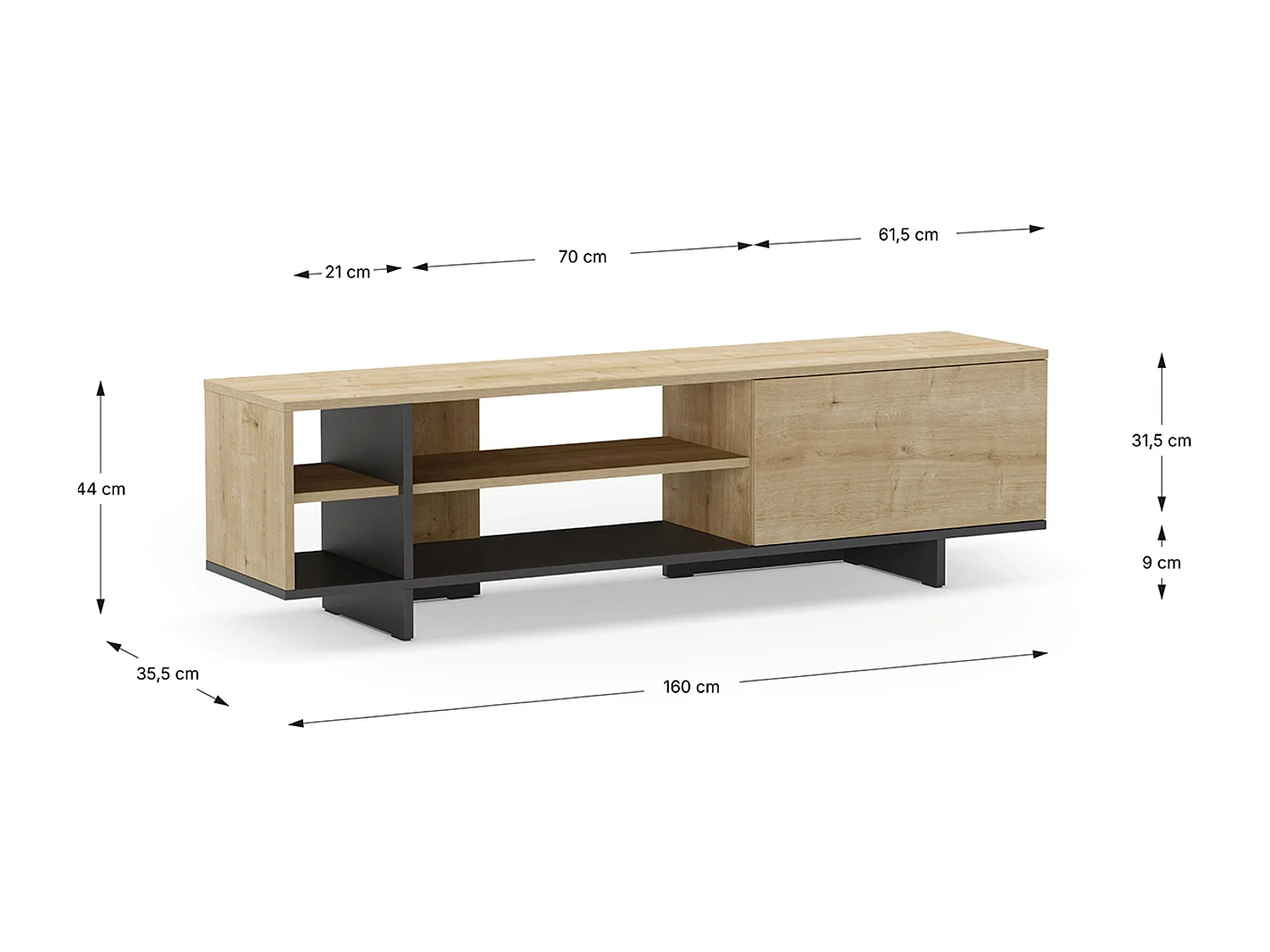 Meuble TV, meuble de salon avec 1 porte et 4 niches aspect bois coloris chêne, noir - Longueur 160 x Profondeur 35,60 x Hauteur 44 cm