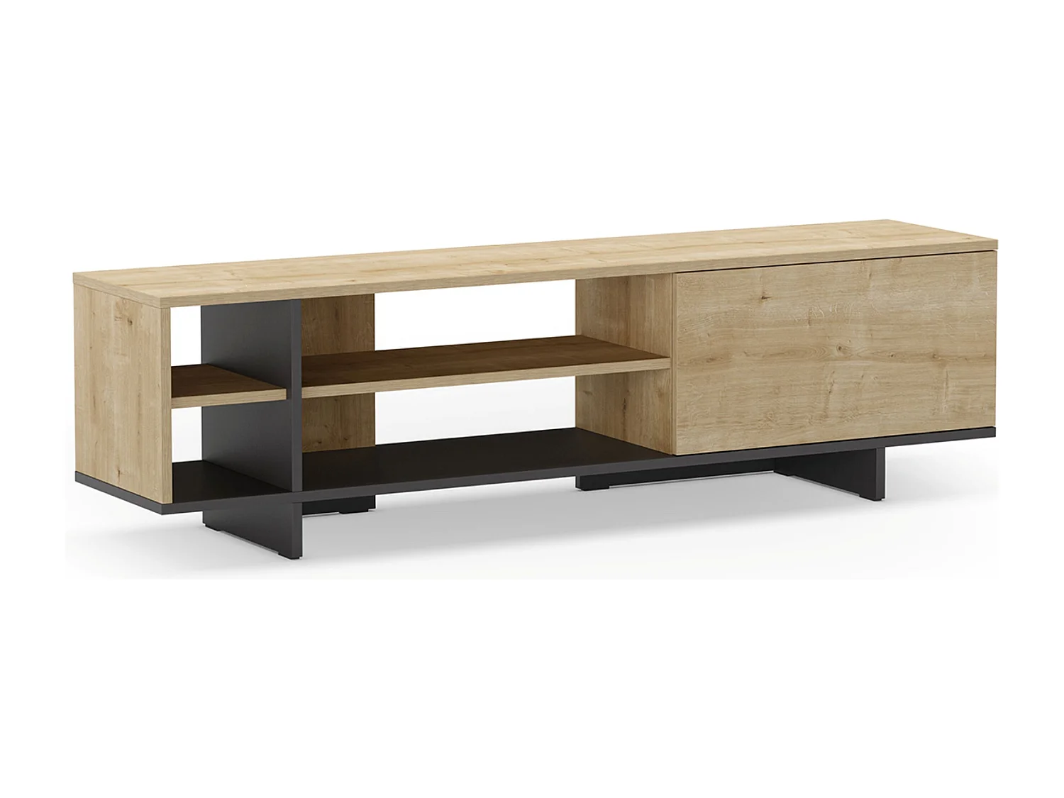 Meuble TV, meuble de salon avec 1 porte et 4 niches aspect bois coloris chêne, noir - Longueur 160 x Profondeur 35,60 x Hauteur 44 cm