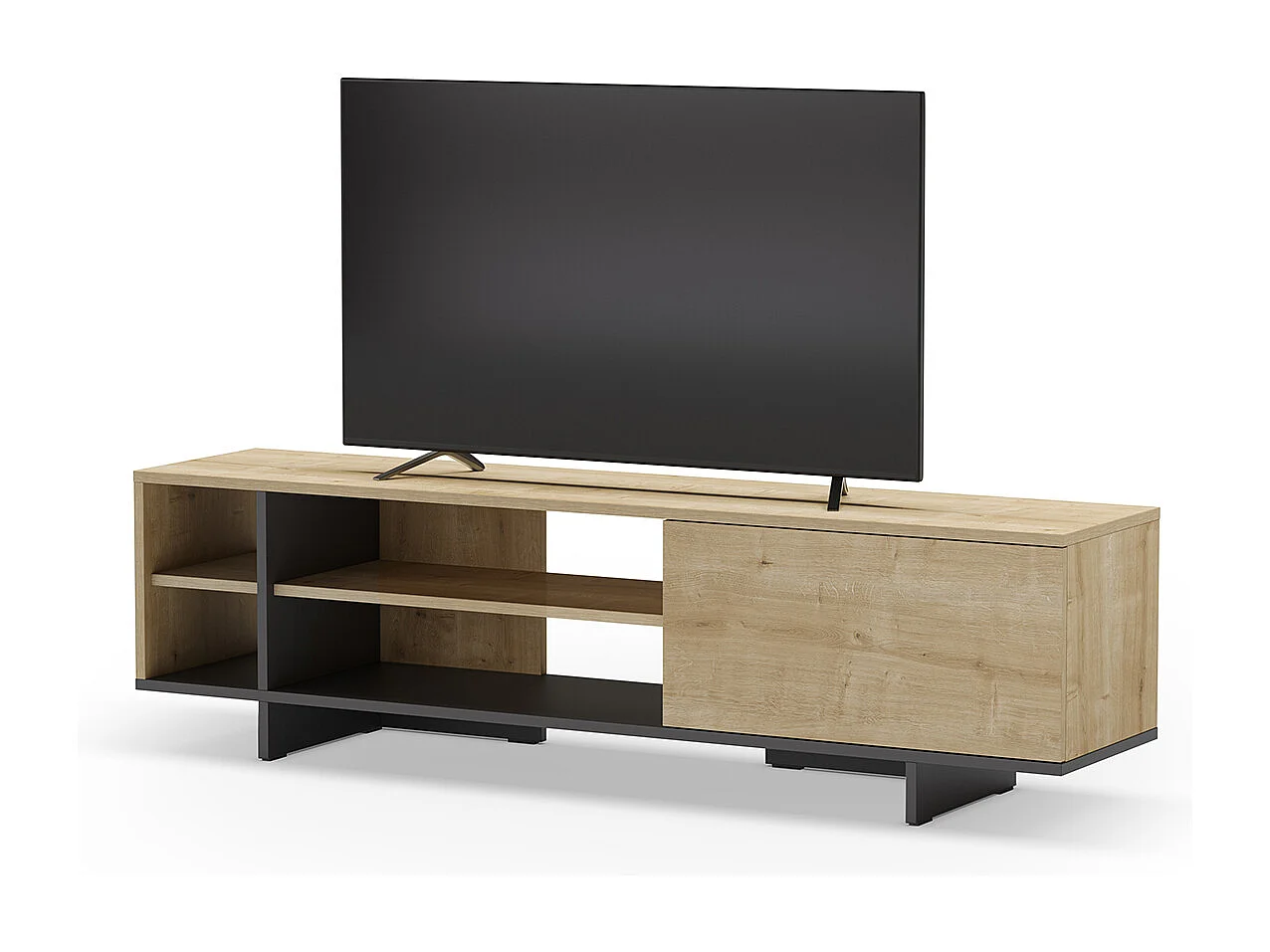 Meuble TV, meuble de salon avec 1 porte et 4 niches aspect bois coloris chêne, noir - Longueur 160 x Profondeur 35,60 x Hauteur 44 cm