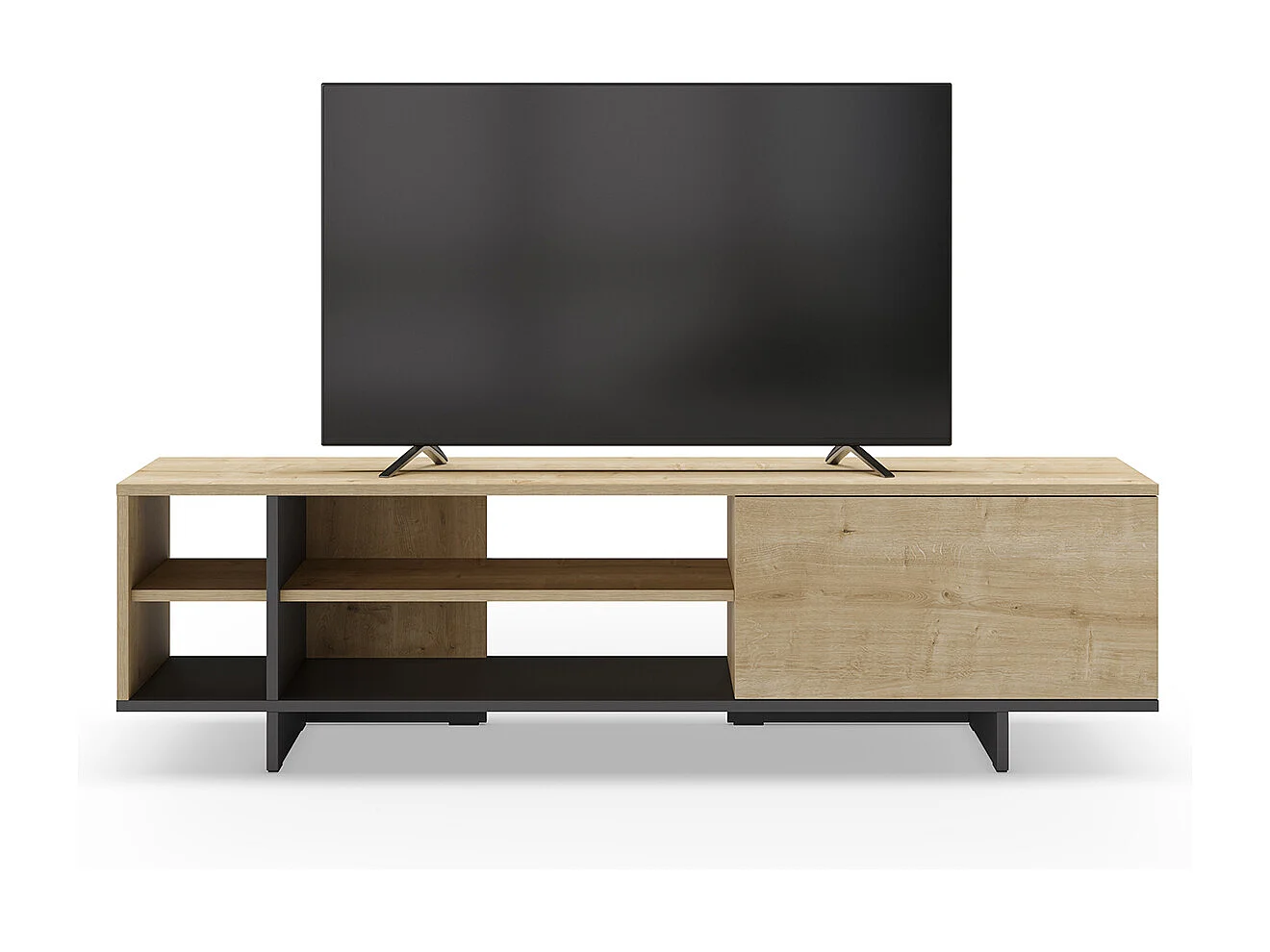 Meuble TV, meuble de salon avec 1 porte et 4 niches aspect bois coloris chêne, noir - Longueur 160 x Profondeur 35,60 x Hauteur 44 cm