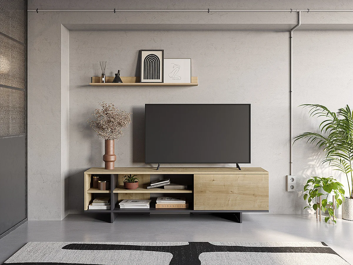 Meuble TV, meuble de salon avec 1 porte et 4 niches aspect bois coloris chêne, noir - Longueur 160 x Profondeur 35,60 x Hauteur 44 cm