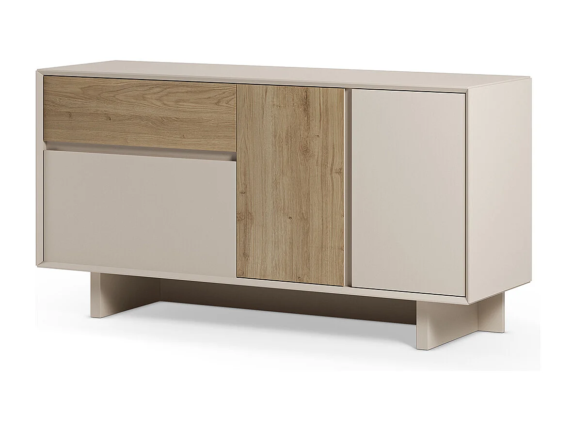 Meuble TV, meuble de salon avec 3 portes et 1 tiroir aspect bois coloris chêne -Longueur 146 x Profondeur 45 x Hauteur 76,50 cm