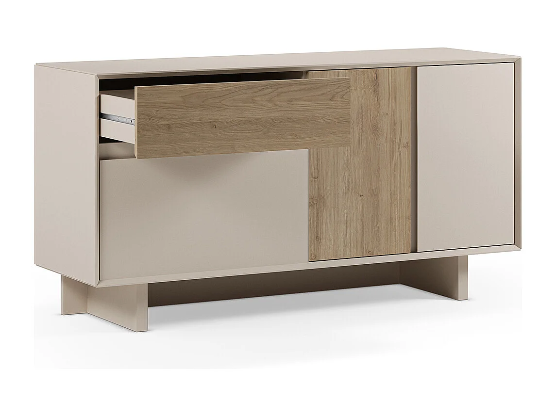 Meuble TV, meuble de salon avec 3 portes et 1 tiroir aspect bois coloris chêne -Longueur 146 x Profondeur 45 x Hauteur 76,50 cm
