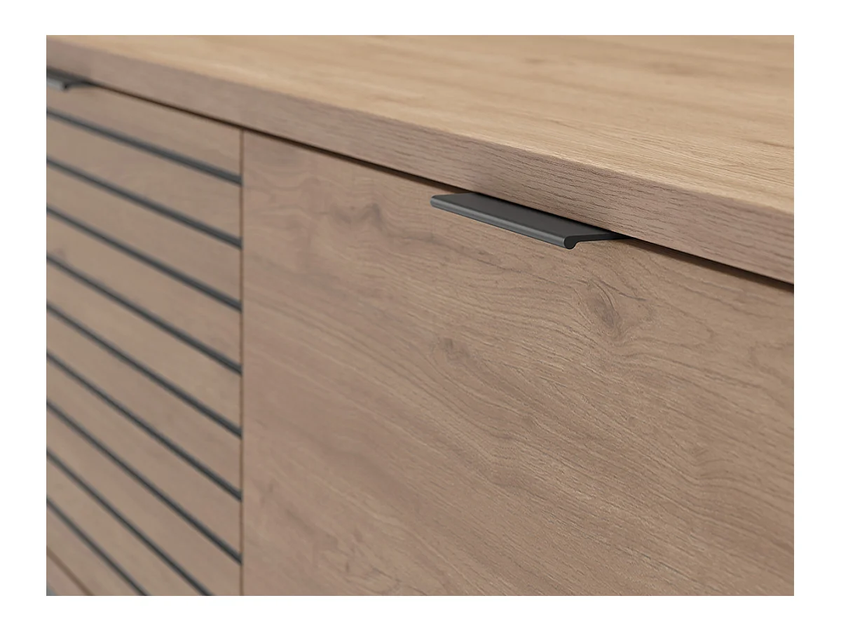 Meuble TV, meuble de salon avec 3 tiroirs aspect bois coloris naturel, pieds en métal coloris noir - Longueur 180 x Profondeur 40 x Hauteur 48 cm