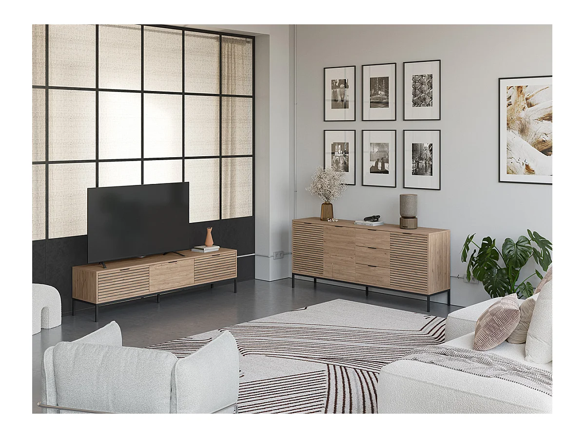 Meuble TV, meuble de salon avec 3 tiroirs aspect bois coloris naturel, pieds en métal coloris noir - Longueur 180 x Profondeur 40 x Hauteur 48 cm