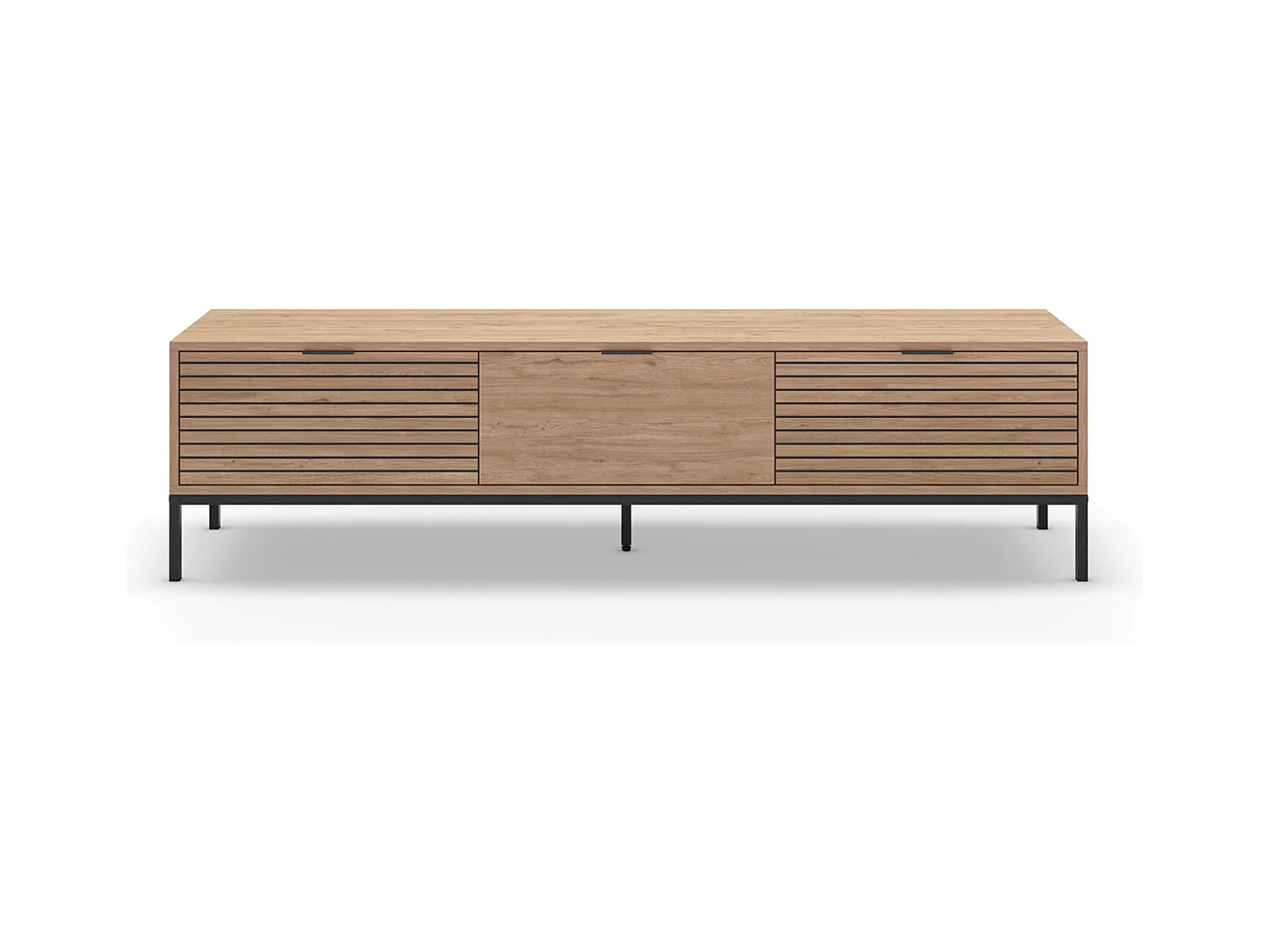 Meuble TV, meuble de salon avec 3 tiroirs aspect bois coloris naturel, pieds en métal coloris noir - Longueur 180 x Profondeur 40 x Hauteur 48 cm